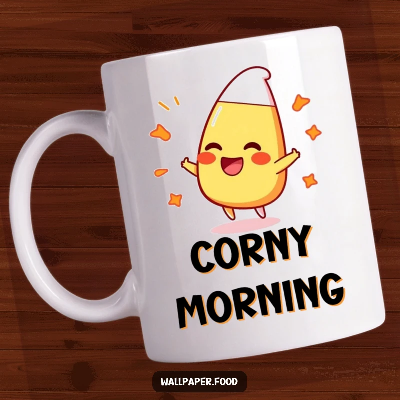 Funny mug featuring a hilarious candy corn character caught mid-laugh while bouncing off colorful, bubbly patterns.