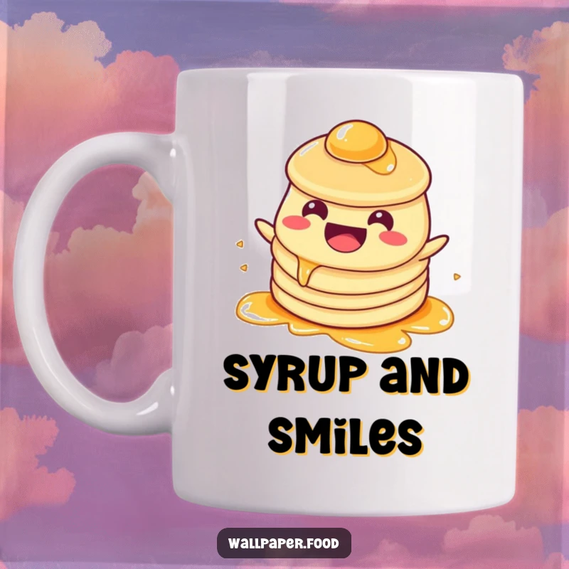 Funny Mug: A beaming pancake character happily sloshing in a pool of syrup, embodying breakfast joy and messy fun.