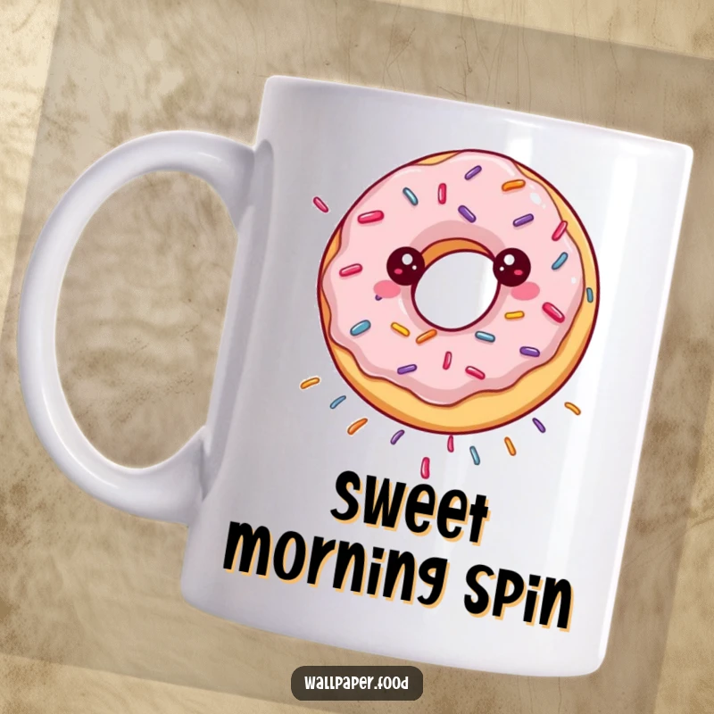 Funny spinning donut mug with sprinkles showering down happily, exuding sweetness and pure joy.