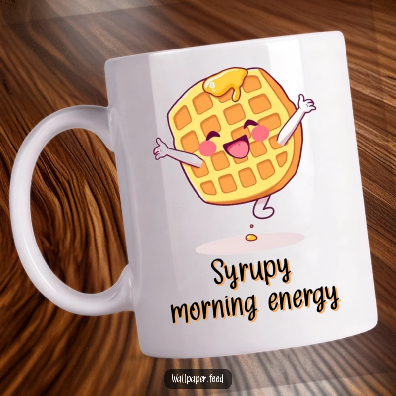 Funny mug showcasing a waffle character with syrup dripping as it gleefully attempts a cartwheel, capturing breakfast chaos.