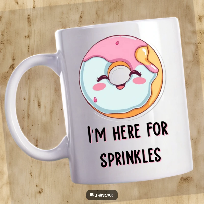 Funny donut coffee mug with a happy, winking expression and a bite missing, offering a playful and cheerful vibe.