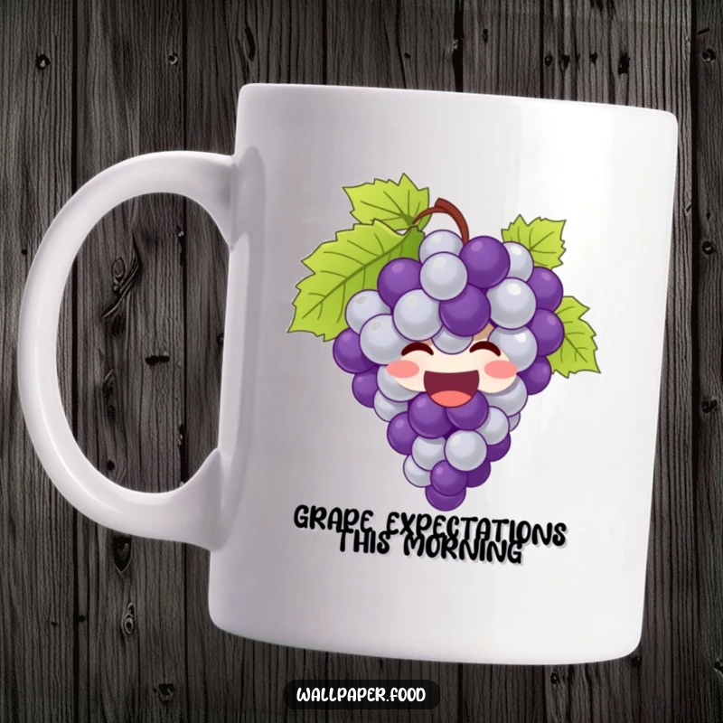 Funny bunch of grapes mug featuring giggling grapes bursting with joy, perfect for a happy morning beverage.