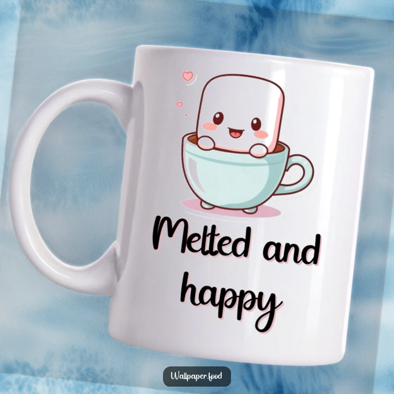 Funny mug with a cheerful marshmallow character joyfully bouncing inside a steaming cup of cocoa, radiating warmth and fun.