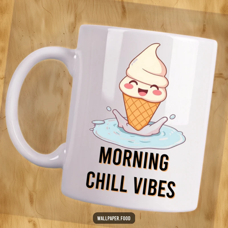 Funny ice cream cone mug character gleefully splashing in a puddle, melting into a puddle of fun. A sweet and humorous item.