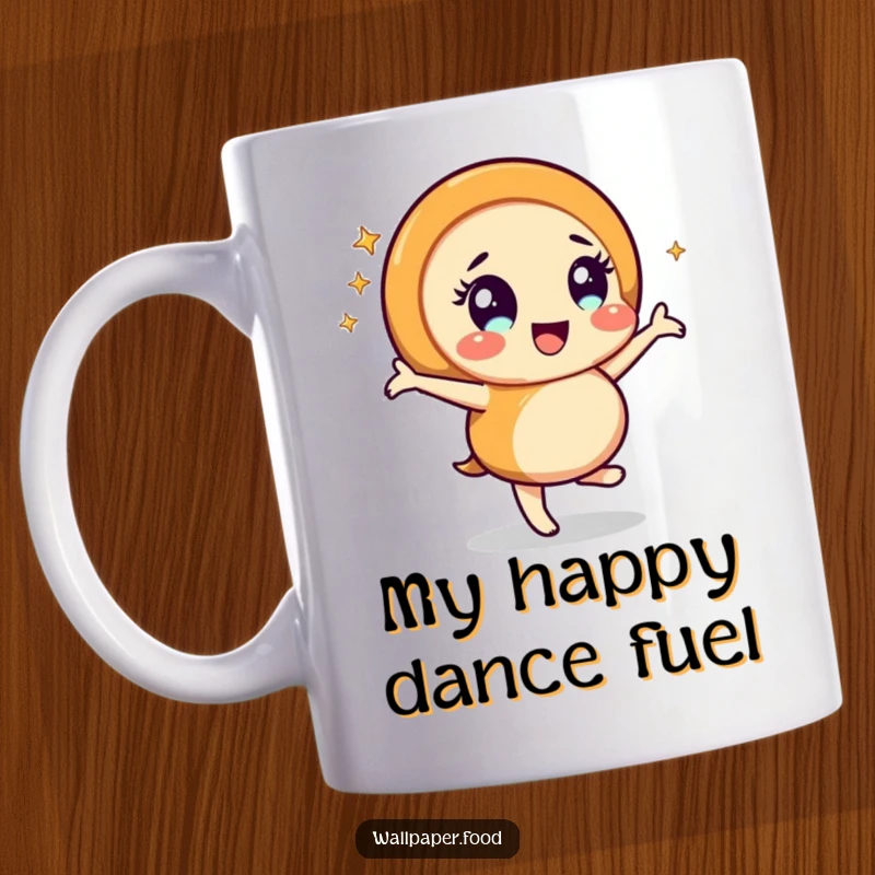 Funny caramel swirl character joyfully dancing with a vibrant sparkle effect, bringing a cheerful and energetic vibe to this coffee mug.