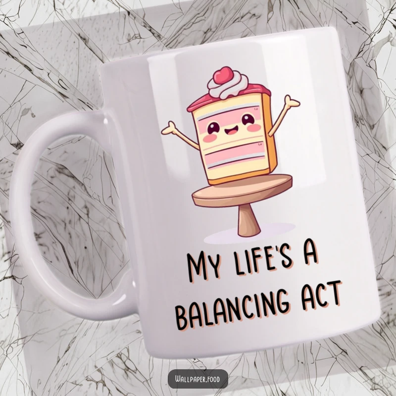 Funny Mug: A jubilant slice of cake expertly balancing with a determined yet cheerful expression, perfect for gifting.