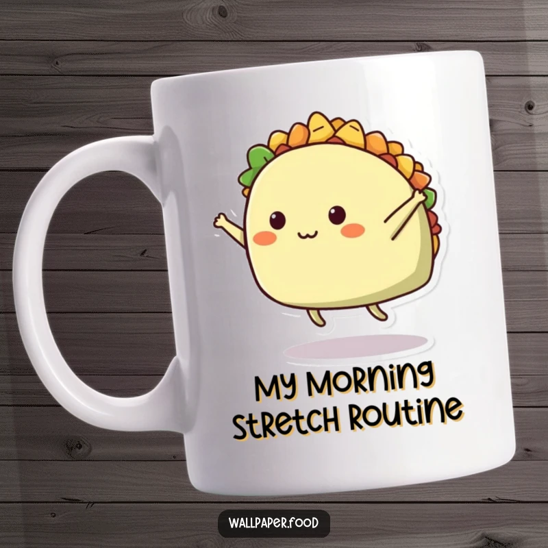 Funny mug of a cheerful taco character with dot mouth performing a dynamic mid-air split, showcasing its energetic and playful personality.