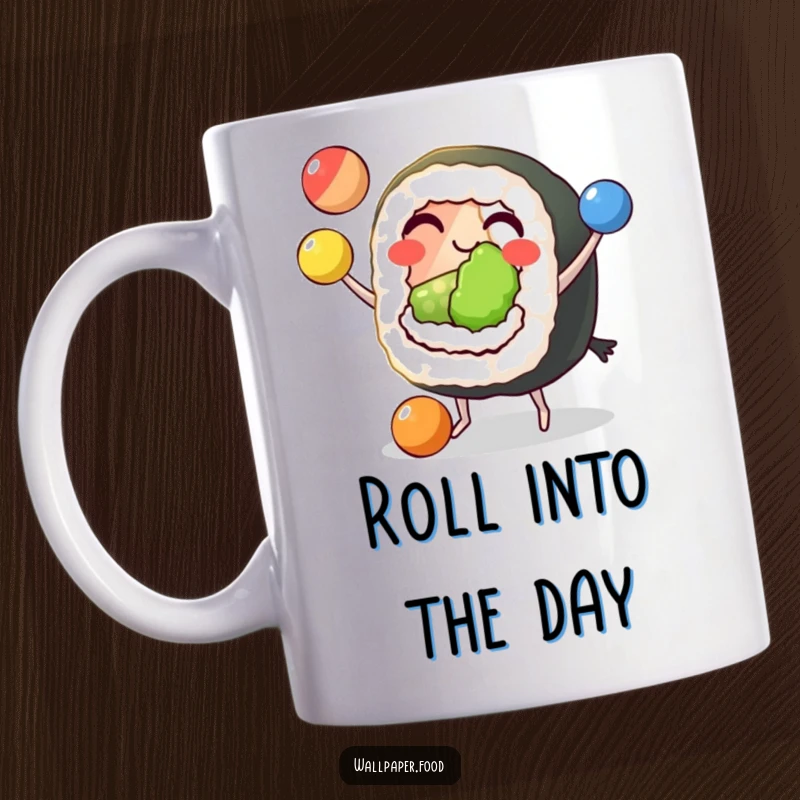 Funny Sushi Juggling Mug showcasing a grinning sushi roll with tiny feet skillfully juggling three colorful balls, perfect for a fun beverage experience.