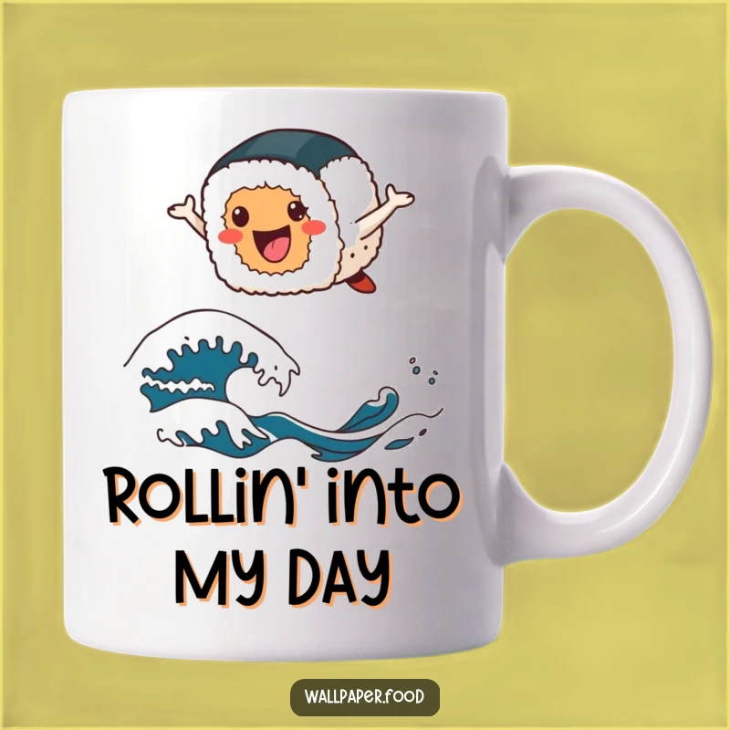 Funny Sushi Roll Leap Mug - Cheerful Ocean Wave Sushi Character Gift!