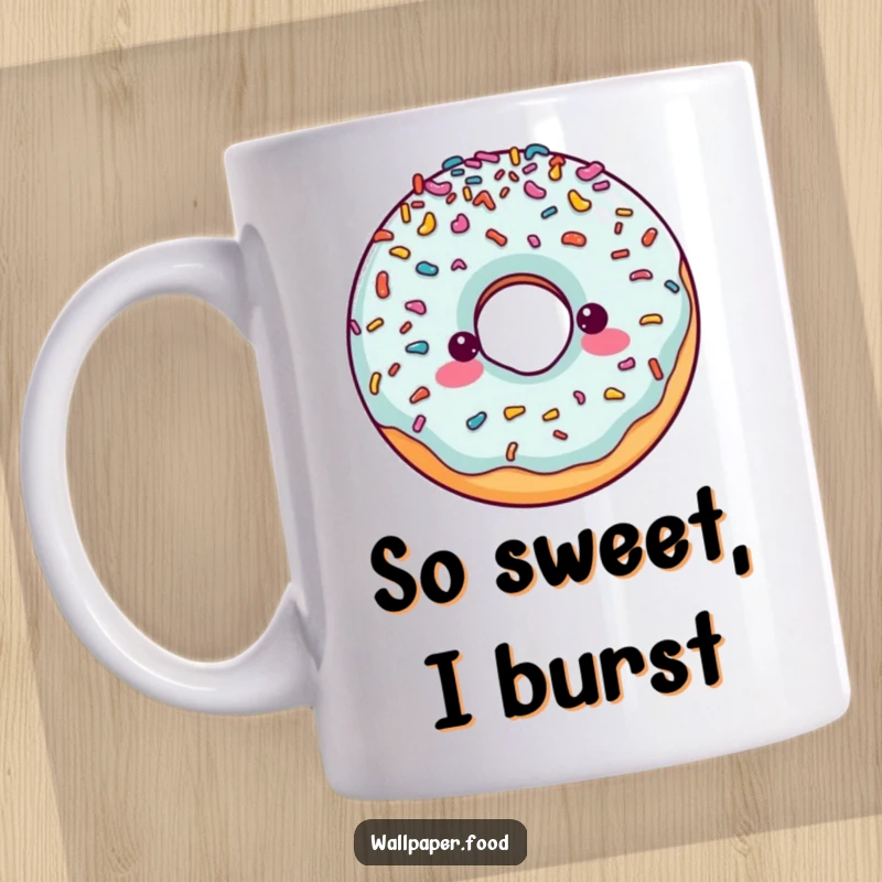 Funny mug showcasing a cheerful doughnut character comically overflowing with colorful sprinkles, a delightful and humorous treat.