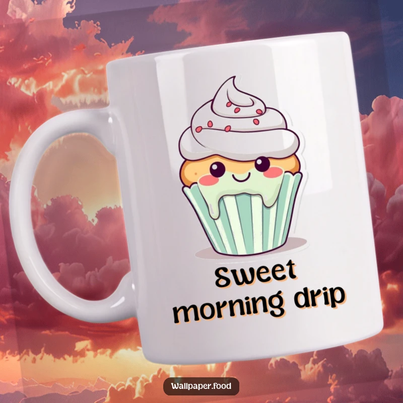 Funny mug showing a smiling cupcake character with frosting happily dripping down its sides.