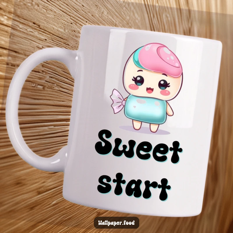 Funny mug showcasing a sweet candy character with a sparkling, shimmering wrapper, a delightful treat for any user.