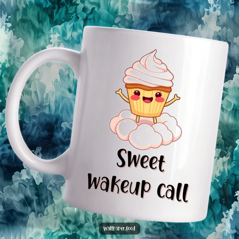 Funny mug featuring a smiling cupcake character joyfully bouncing on a fluffy cloud of whipped cream.