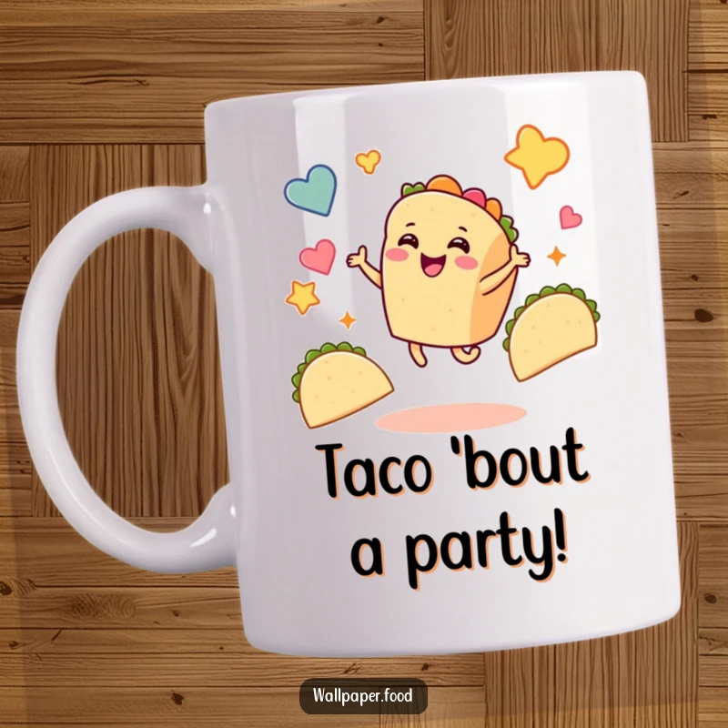 Funny taco mug featuring a smiling taco character dancing joyfully amidst floating taco shapes, celebrating a fiesta of flavor and fun.