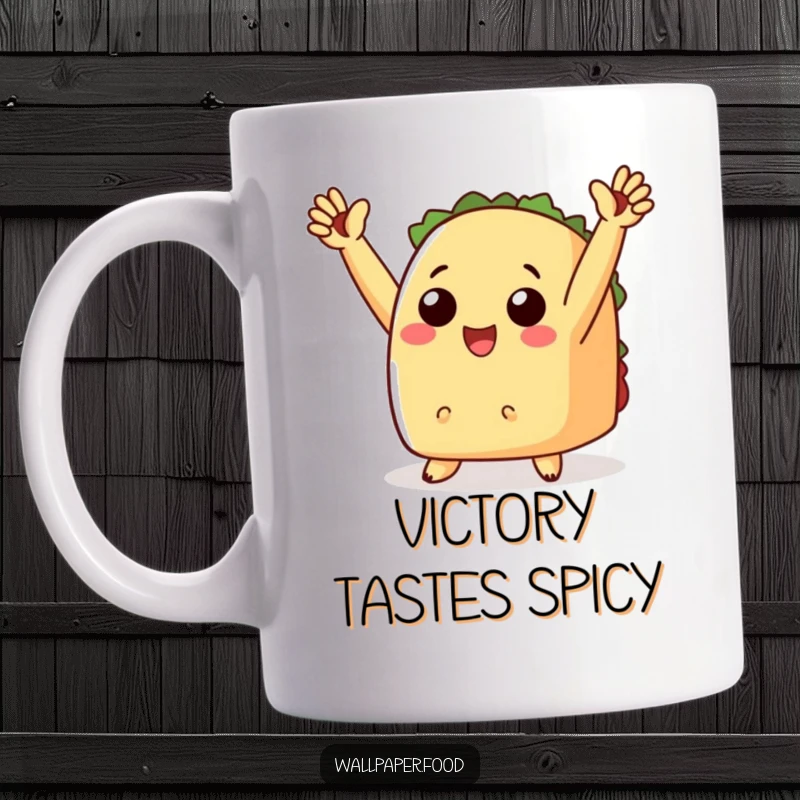 Funny cheering taco mug with tiny arms raised in triumph, embodying celebration and breakfast joy.