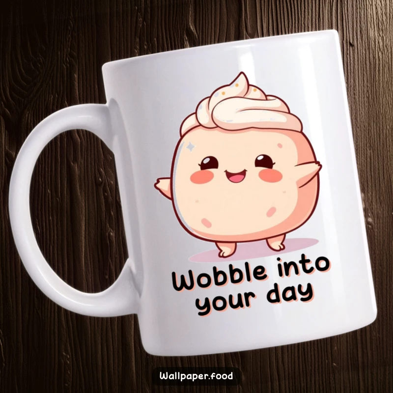 Funny plump cake character mug, doing a happy little wobble, exuding sweetness and adorable charm.