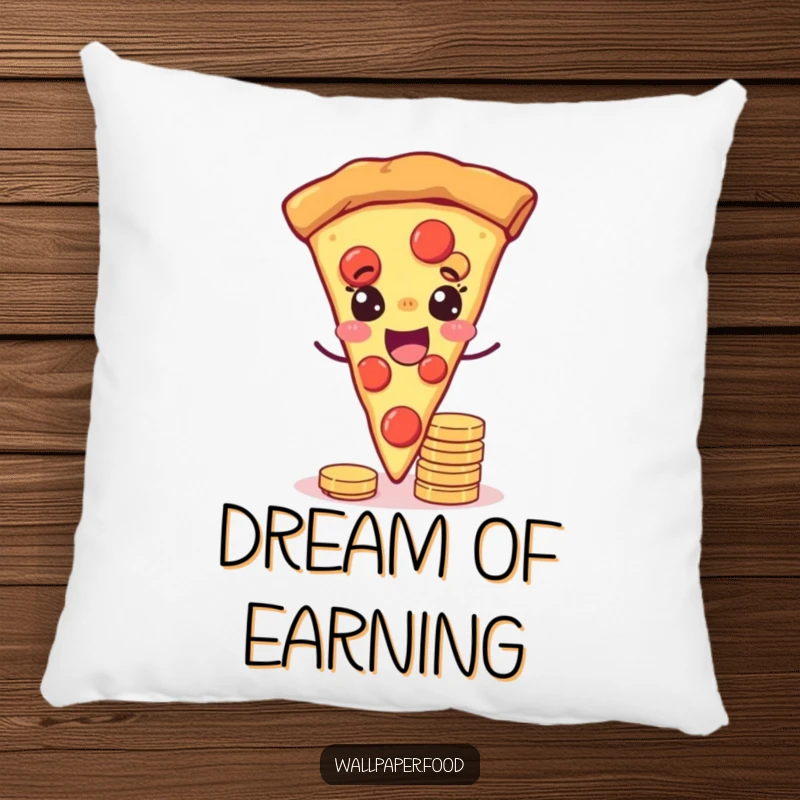 Funny pillow featuring a joyful pizza slice winking while balancing coins, offering comfort and lucky food-themed decor.