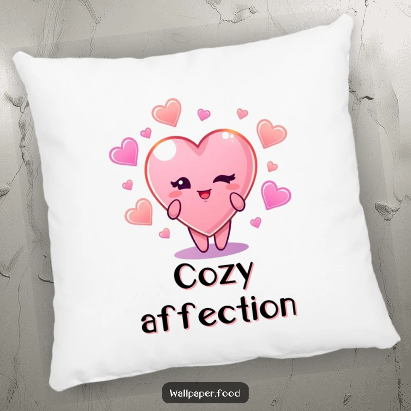 Funny pillow featuring a charming candy heart character winking, enveloped by glowing, delightful candy shapes.