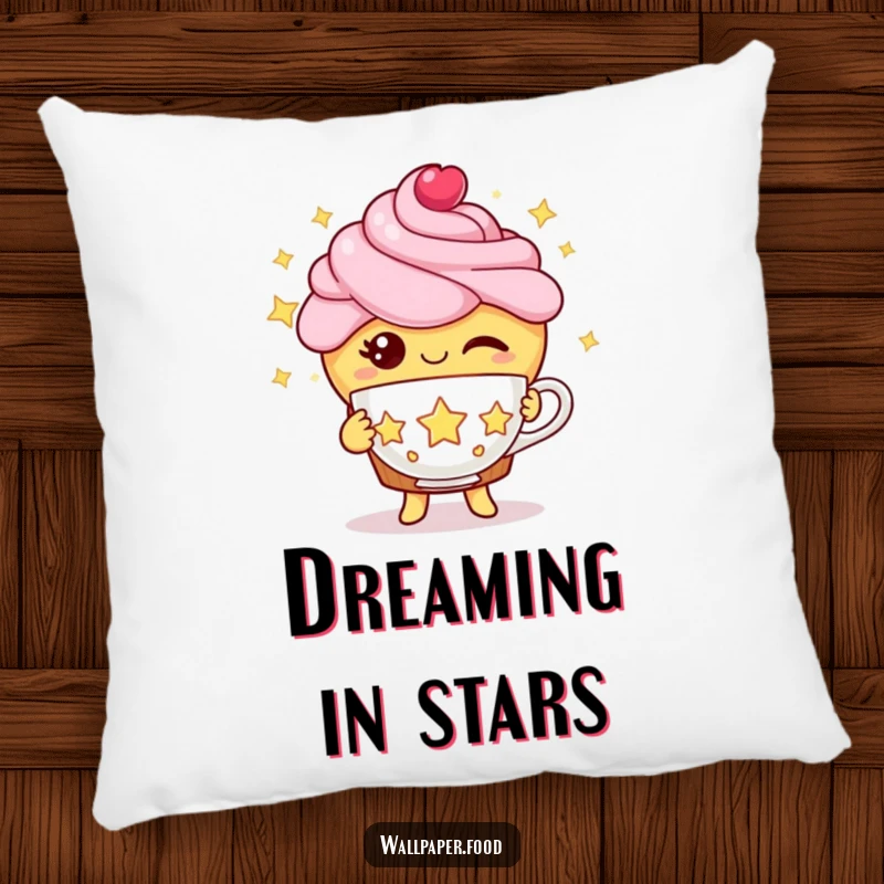 Funny cupcake pillow featuring a winking cupcake character offering a teacup made of stars, providing magical comfort.