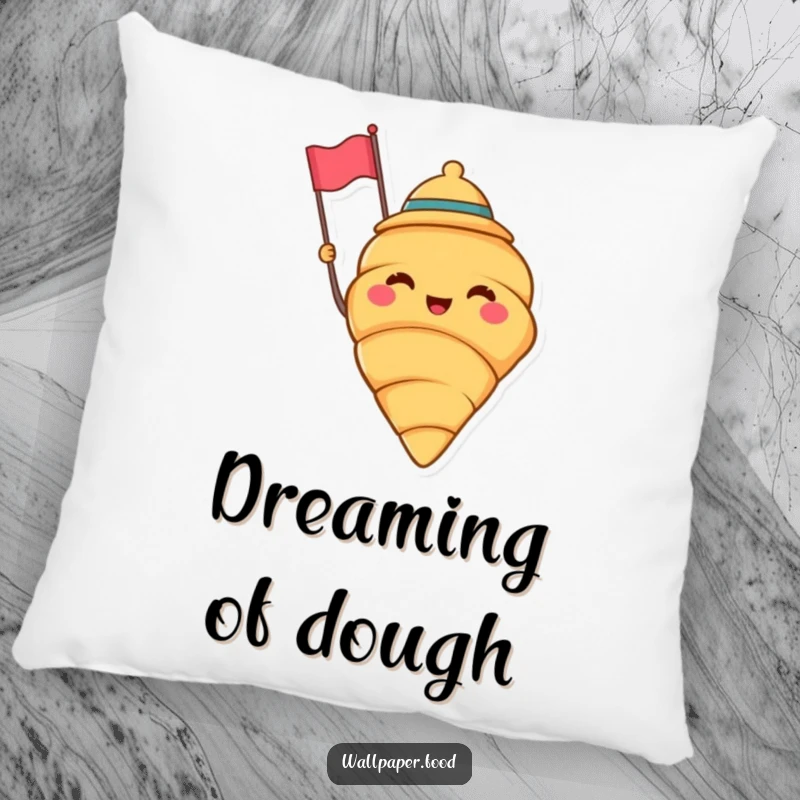 Funny pillow with a cheerful croissant wearing a jaunty hat and waving a tiny flag, offering comfort and a dose of baking fun. A funny gift.