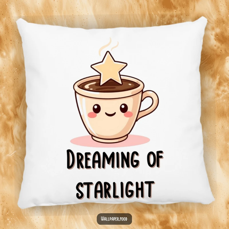 Funny pillow showcasing a coffee cup character with steam artfully formed into a star, offering comfort and humor.