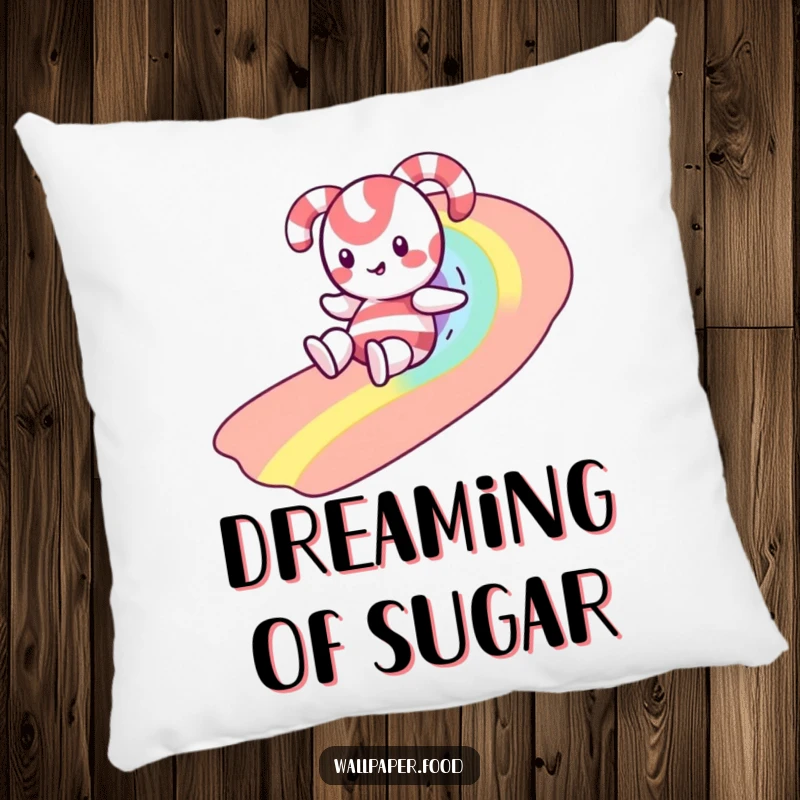 Funny pillow featuring a happy candy cane character sliding down a bright rainbow made of colorful, playful sprinkles.