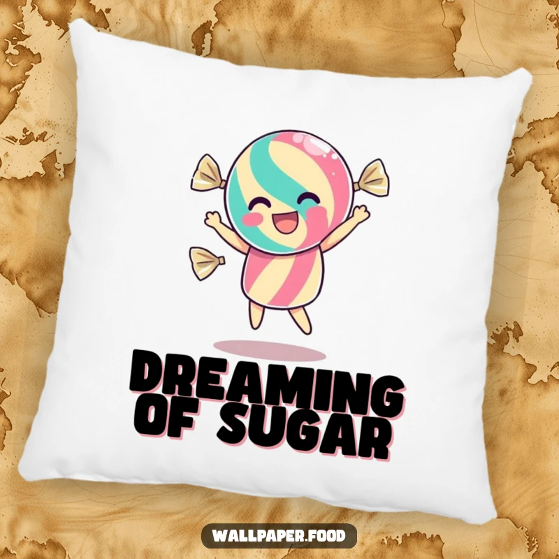 Funny pillow featuring a dancing candy character inside its wrapper, shimmering with excitement, offering soft comfort and sweet, humorous vibes.