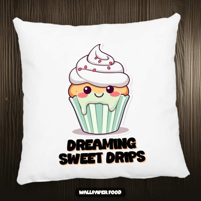 Funny pillow featuring a smiling cupcake character with frosting happily dripping down its sides, looking cozy and sweet.
