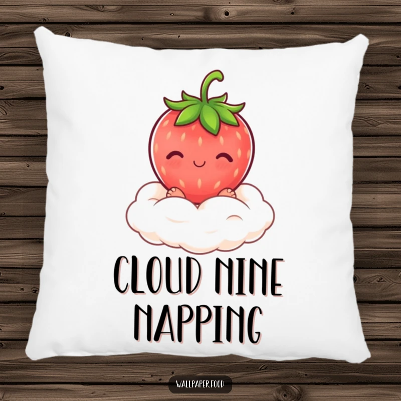 A soft pillow featuring a blushing strawberry character on a cream cloud, offering sweet comfort and funny charm.