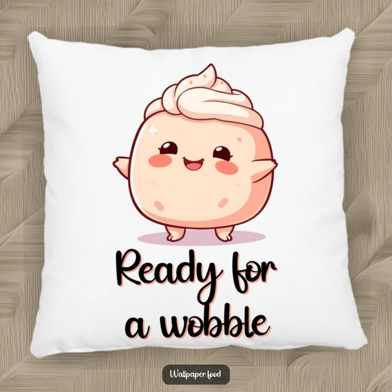 Funny plump cake character pillow, depicted doing a happy wobble, providing soft and sweet decorative comfort.