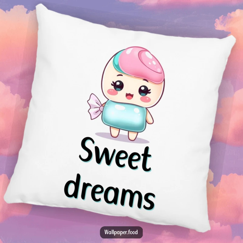 Funny decorative pillow featuring a sweet candy character with a shimmering wrapper, ideal for adding comfort and charm.