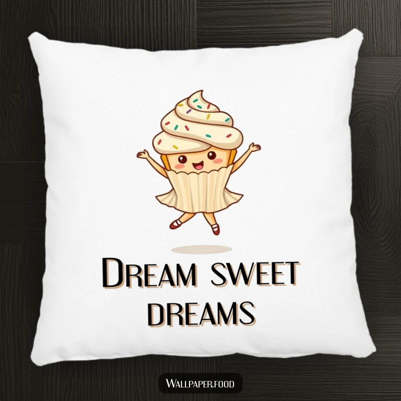 Funny pillow featuring a whimsical cupcake with sprinkles doing a ballet twirl, adding a touch of sweet elegance to any room.