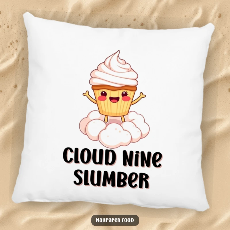 Funny pillow featuring a happy cupcake character bouncing on a cloud of whipped cream, designed for ultimate comfort and sweet dreams.