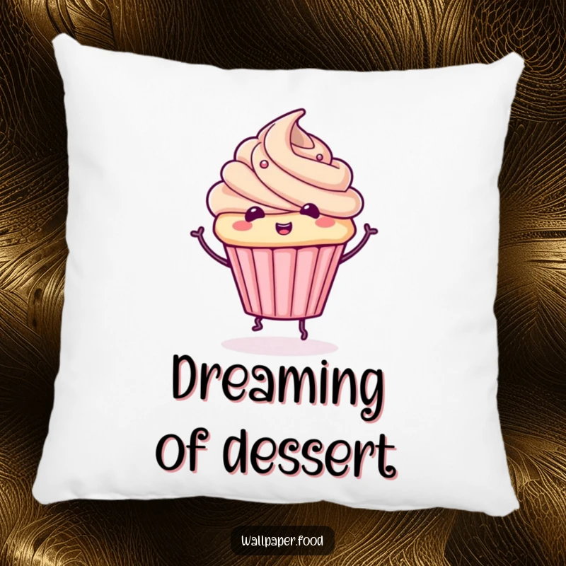 Funny cupcake pillow with a cute character with frosting doing a whimsical spin, perfect for soft, sweet comfort.