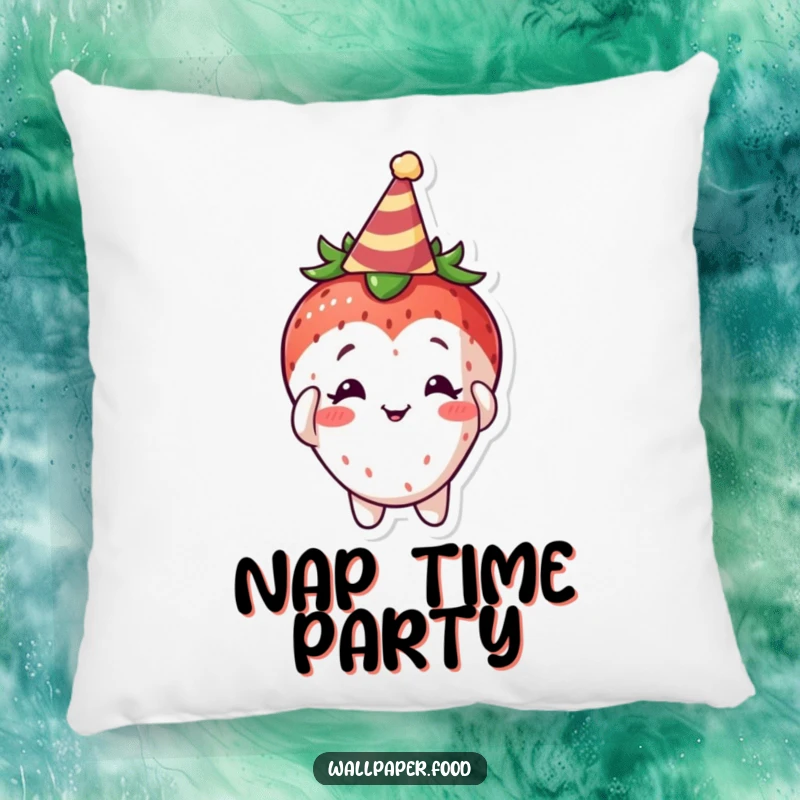 Funny Curious Strawberry Pillow, a cute and cozy character with a party hat, inviting festive cuddles and smiles.