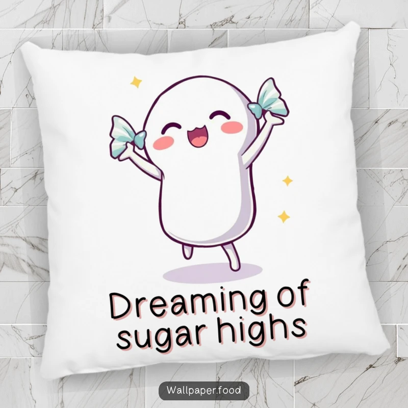 Funny dancing candy pillow featuring an excited candy with a shimmering wrapper, bringing comfort and humor.