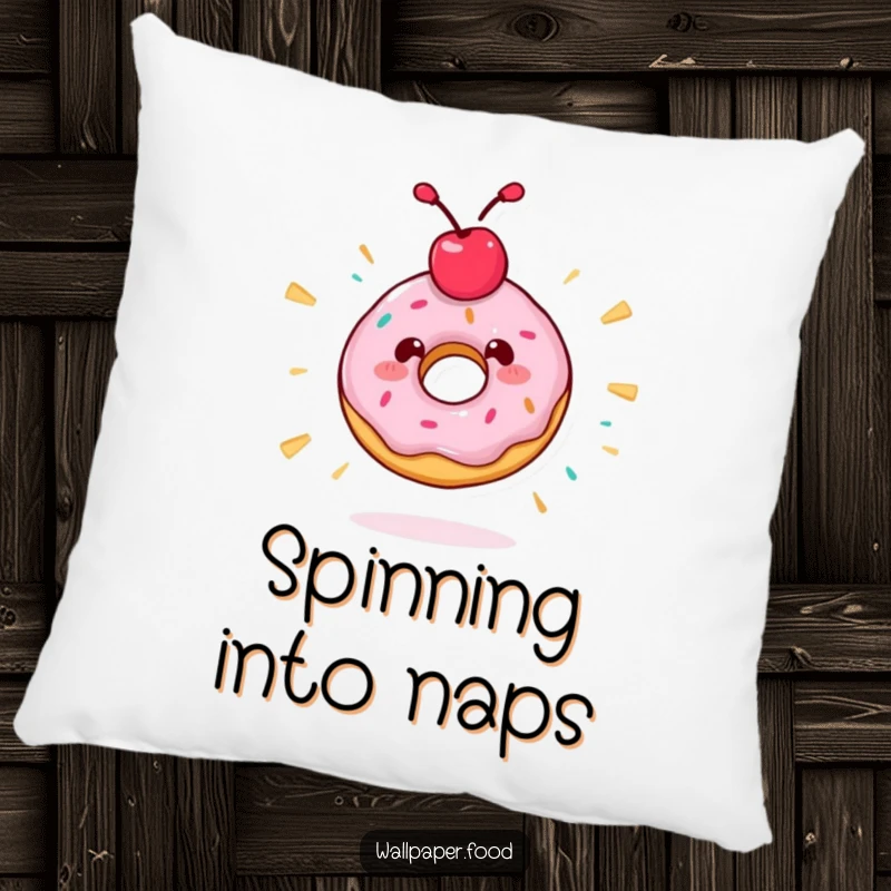 Funny pillow featuring a donut character with a cherry topping spinning wildly, designed for comfortable hugs and humorous decor.
