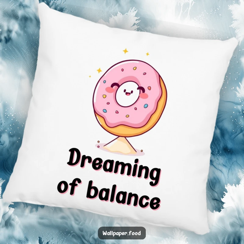 Funny throw pillow featuring a happy, sparkling donut character perfectly balanced on a sprinkle, adding a whimsical touch.
