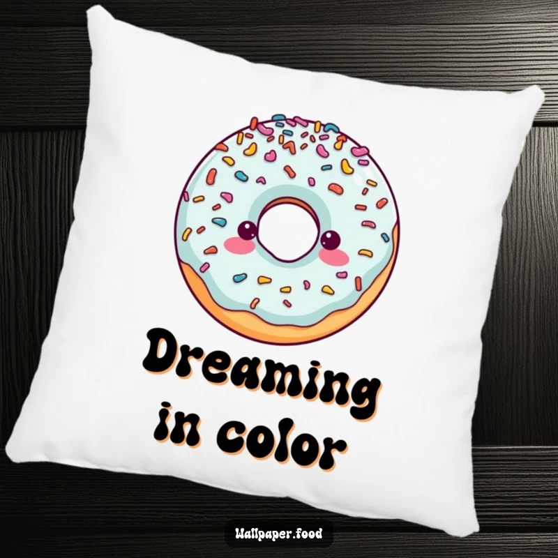 Funny pillow showcasing a cheerful doughnut character covered in excessive sprinkles, offering comfort and a dose of humor.