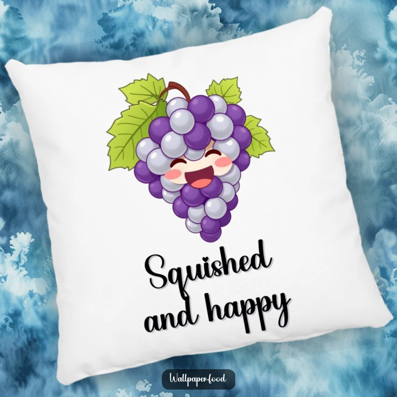 Funny grapes pillow featuring a giggling bunch of grapes bursting with joy, bringing comfort and cheer.