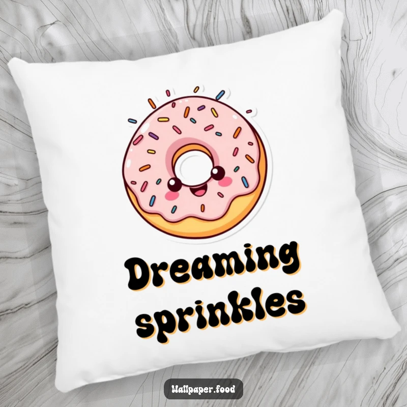 Funny pillow featuring a cheerful donut character with a halo made of colorful sprinkles, perfect for cozying up.