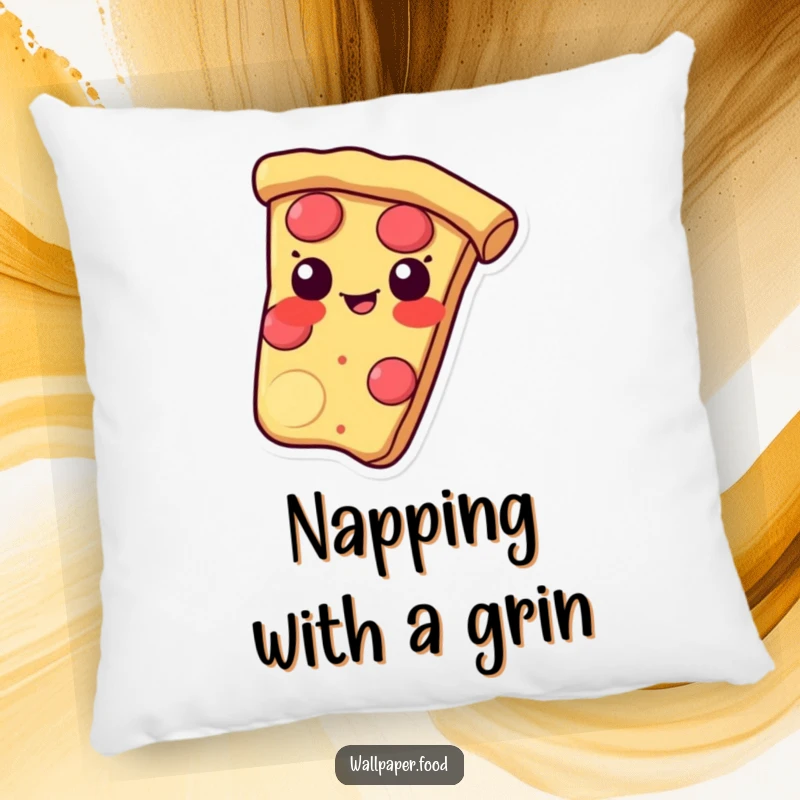 Funny pillow featuring a pizza slice sliding with a mischievous grin on its crust, offering cozy comfort.