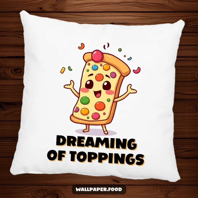 Funny pillow showcasing a pizza slice character in a playful pose, juggling colorful toppings, adding comfort and humor to any room.