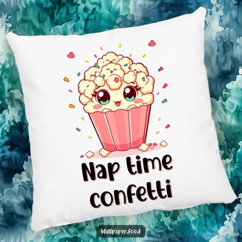 Funny throw pillow with a playful popcorn character with wide eyes joyfully scattering confetti, perfect for adding festive comfort.