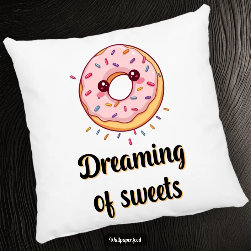 Funny pillow featuring a happily spinning donut showering sprinkles, offering plush comfort and sweet charm.