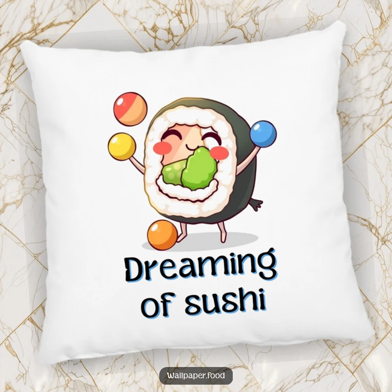 Funny Sushi Juggling Pillow featuring a grinning sushi roll character with tiny feet, masterfully juggling three colorful balls, offering comedic comfort.
