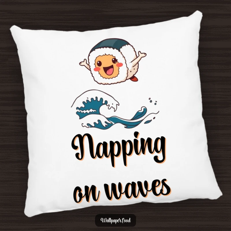 Funny sushi pillow featuring a cheerful sushi roll character leaping happily over stylized wave patterns, adding comfort and joy.