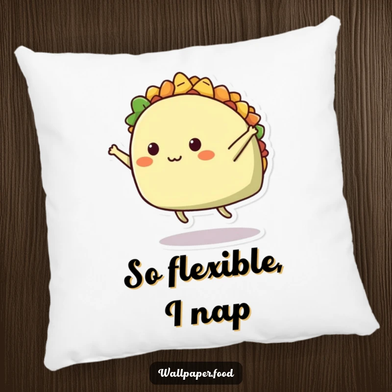 Funny throw pillow with a smiling taco character performing a mid-air split, offering whimsical comfort and a comedic touch.