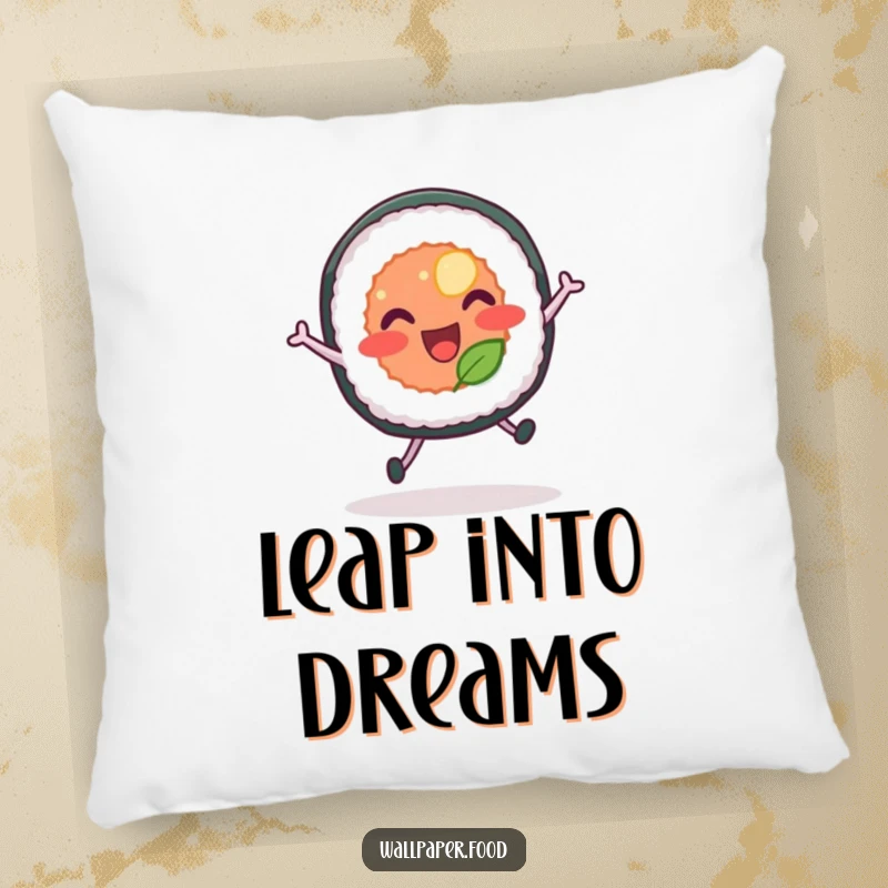 Funny pillow showcasing a sushi roll with legs joyfully leaping, offering plush comfort and cartoonish charm.