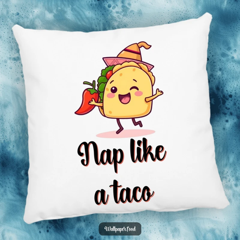 Funny pillow showcasing a happy taco with a hat and a chili pepper engaged in a festive dance, bringing cheer to any sofa.